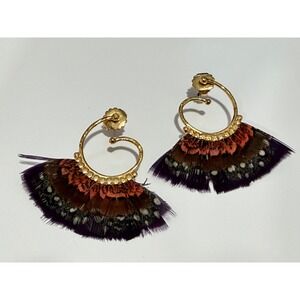 Gas Bijoux Feather Fan Earrings Purple Orange Gold Tone Spiral Hoop